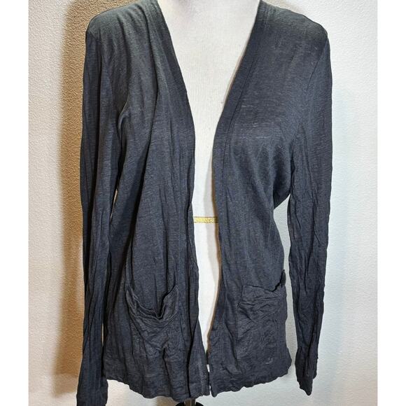 Ann Taylor LOFT Linen Cardigan Blue Open Front Pocket Sweater Womens L - Picture 1 of 6